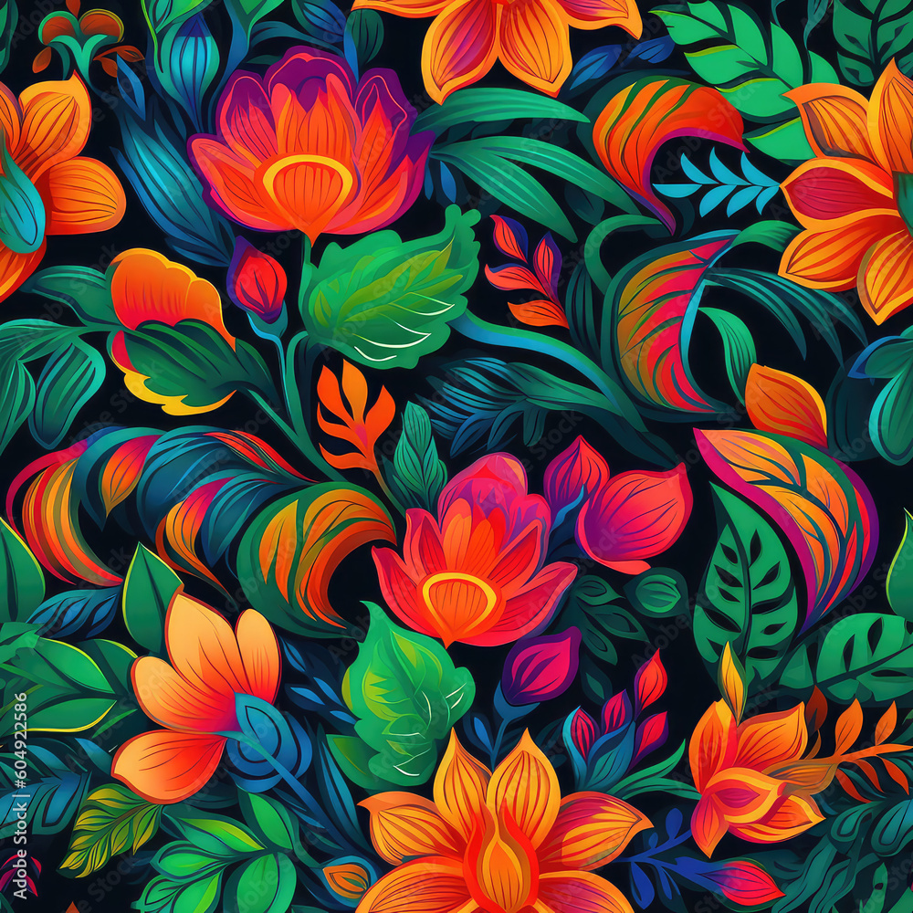 Folk art flowers colorful seamless repeat pattern [Generative AI]
