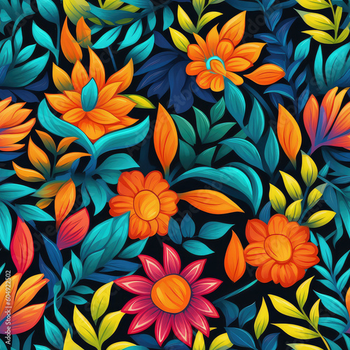 Folk art flowers colorful seamless repeat pattern  Generative AI  