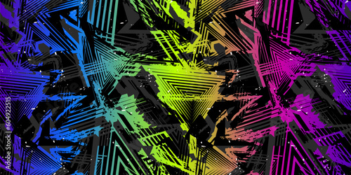 Trendy sport pattern. Abstract vector seamless grunge background. Urban art texture with lines, triangles, chaotic brush strokes. Neon vibrant rainbow color and black. Grunge graffiti pattern design