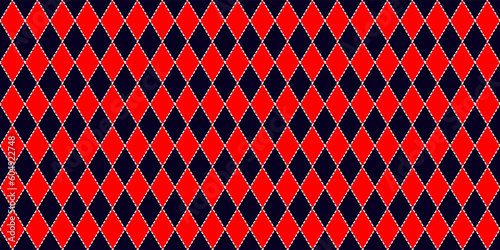 Harlequin seamless pattern in red, and dark blue with white dashed stroke. Argyle classic design. Diamond or lozenge simple background. Joker geometric vector wallpaper. Rhombus carnival ornament