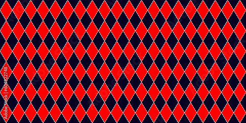 Harlequin seamless pattern in red, and dark blue with white dashed stroke. Argyle classic design. Diamond or lozenge simple background. Joker geometric vector wallpaper. Rhombus carnival ornament