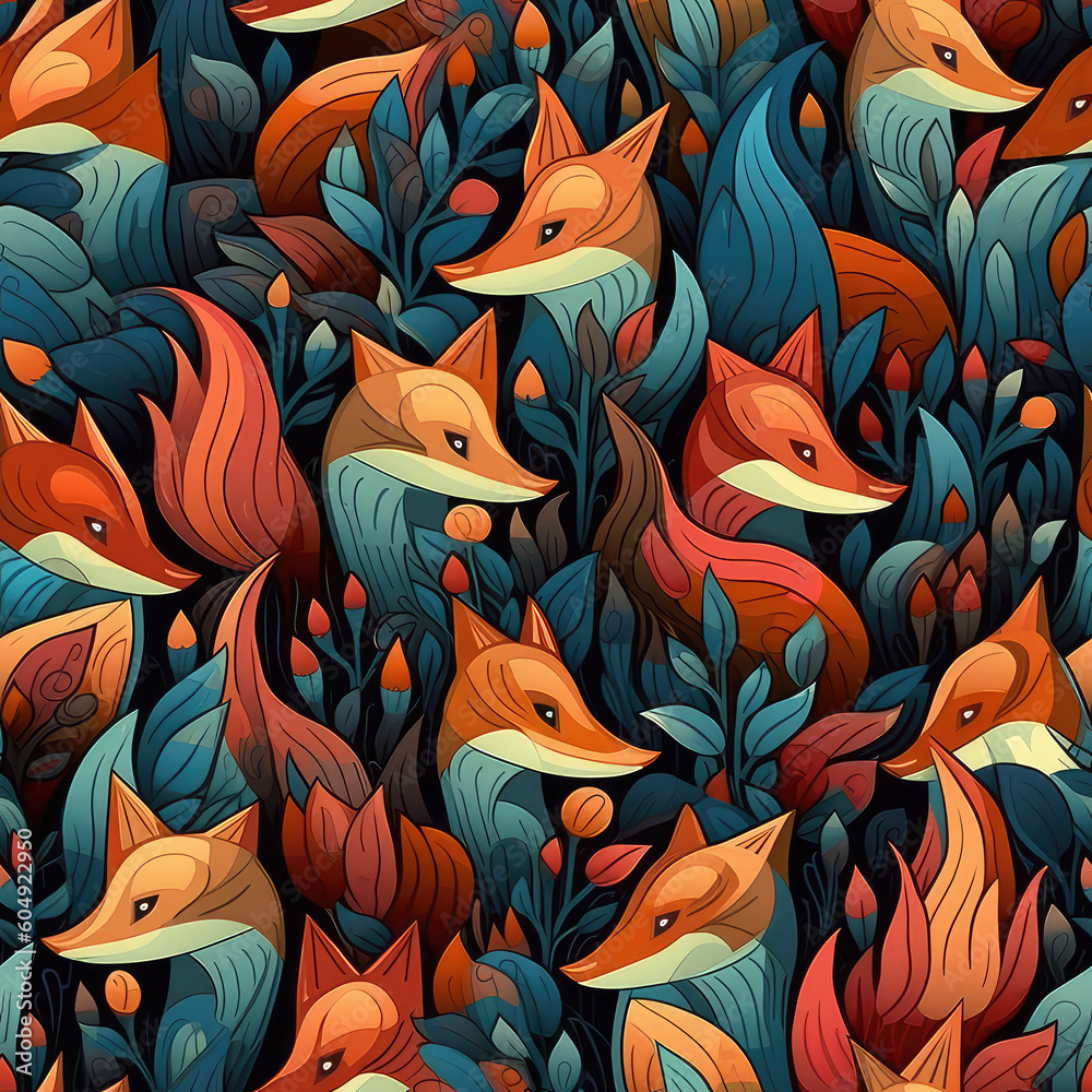 Fototapeta premium Foxes seamless repeat pattern - fantasy colorful cubism, abstract art, trippy psychedelic [Generative AI] 
