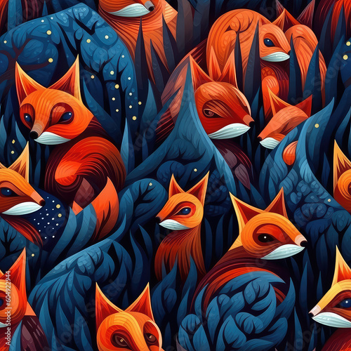 Foxes seamless repeat pattern - fantasy colorful cubism  abstract art  trippy psychedelic  Generative AI  