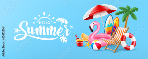 Hello Summer poster or banner template with Pink Flamingo Pool Float, Beach Chairs, Beach Umbrella,Surfboards and Summer element on blue background. Promotion and shopping template for Summer