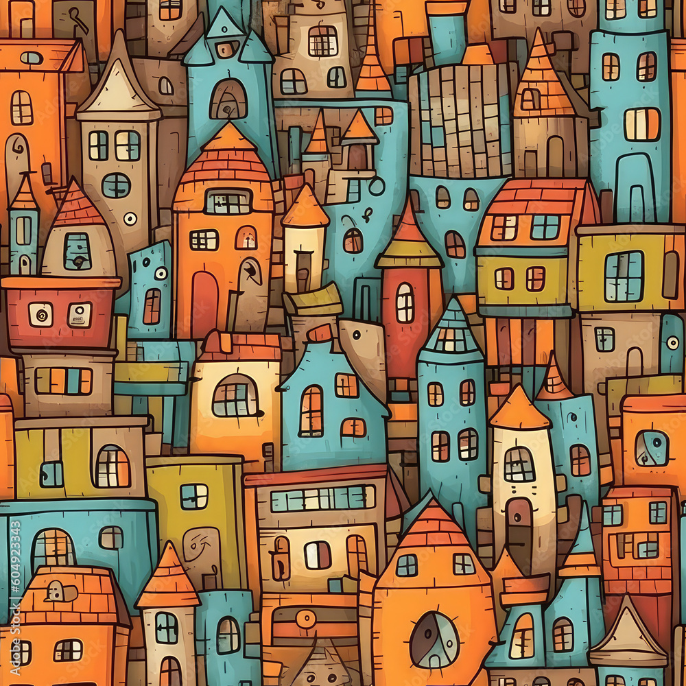 Houses in fantasy village seamless repeat pattern - colorful cubism, abstract art, trippy psychedelic [Generative AI]
