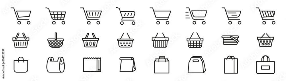 Shopping cart, basket, bag icon set. Linear shop icon set. - obrazy, fototapety, plakaty 