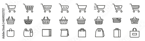 Shopping cart, basket, bag icon set. Linear shop icon set.