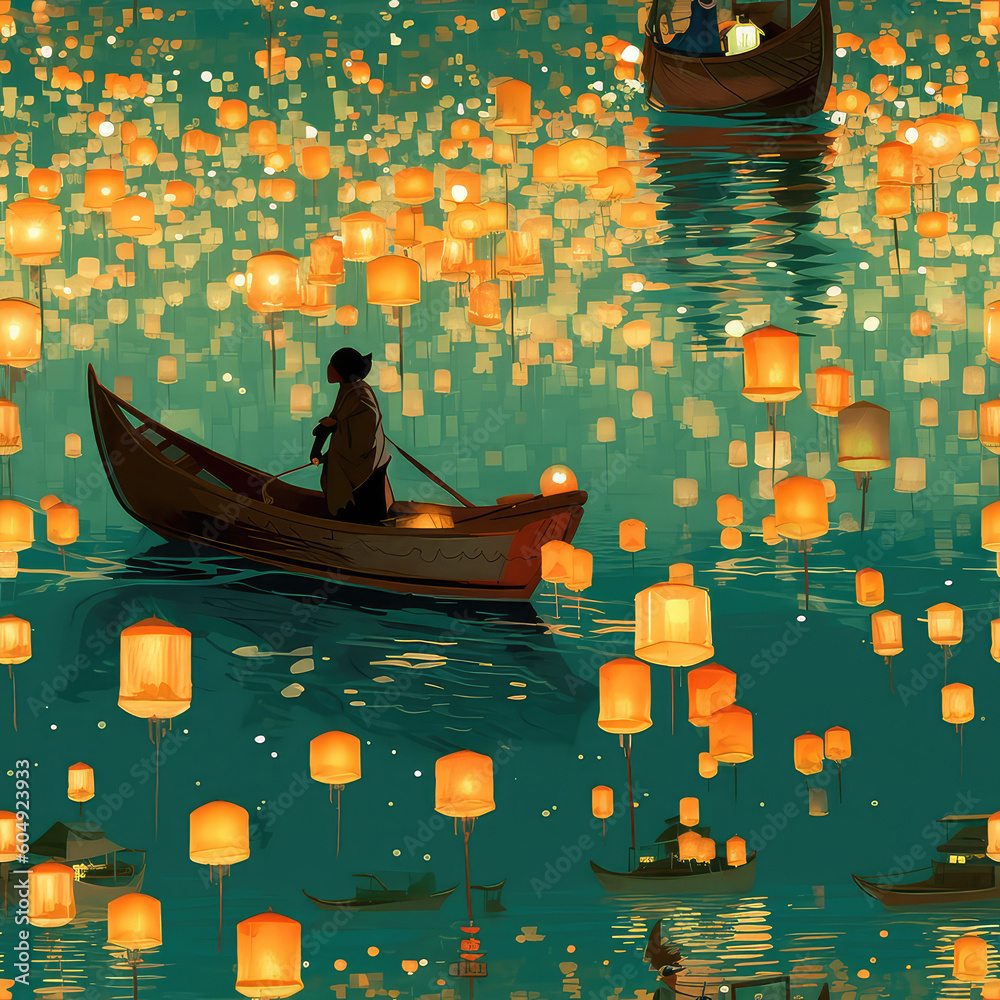Obraz premium Boats and lanterns fantasy seamless repeat pattern [Generative AI] 