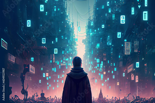 An illustration portraying a person standing in a dimly lit street, surrounded by towering buildings adorned with vibrant neon screens, representing the profound sense of loneliness, generative ai photo