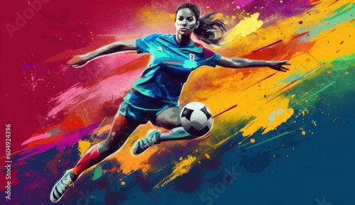 Female player jumping and playing soccer with colorful paint splashes on the background. Abstract illustration design for FIFA Women's World Cup football tournament. Generative AI