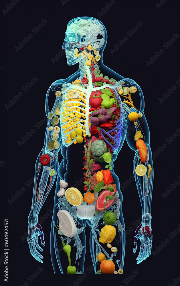 scheme of human body of vegetarian of fruits and vegetables on black background. Concept of healthy nutrition and vegetarianism. Generative AI illustration