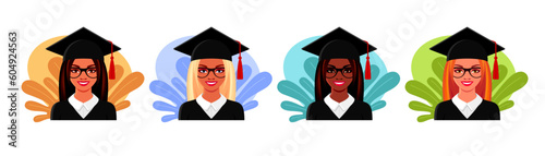 Girls students graduate from college, university or high school. Concept of academic education, diploma, scholar degree with happy women in graduation caps, set of vector cartoon illustrations