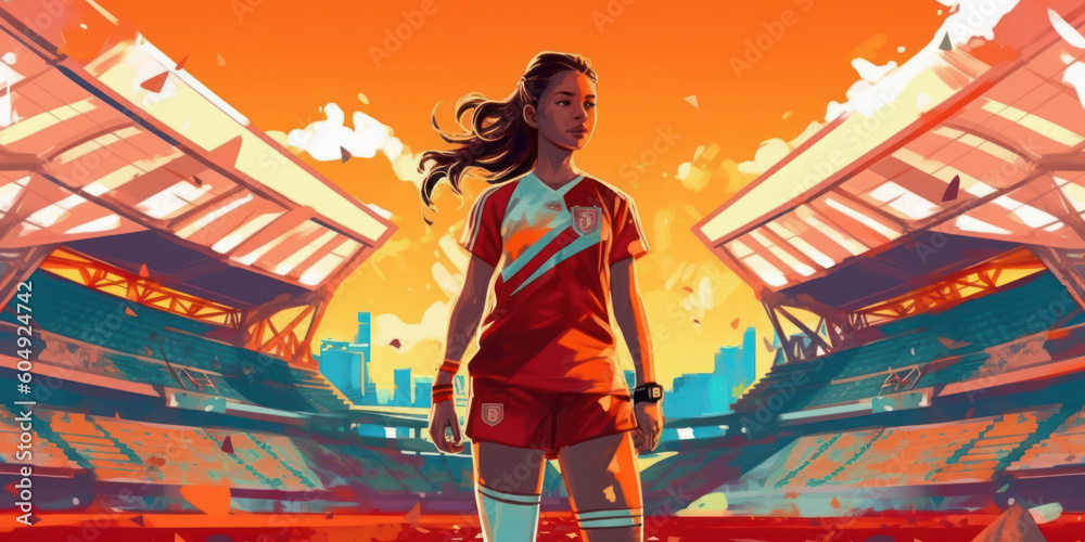 Creative, vibrant & dynamic female football player illustration with visible stadium in the background. Concept design for FIFA Women's World Cup football tournament. Generative AI