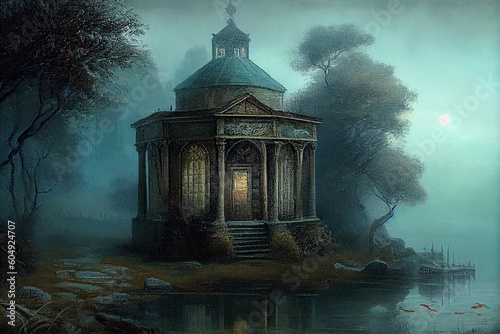 A stunning and highly detailed illustration capturing the essence of a secluded hermitage nestled amidst nature, portraying serenity, isolation, and a sense of spiritual retreat, generative ai
