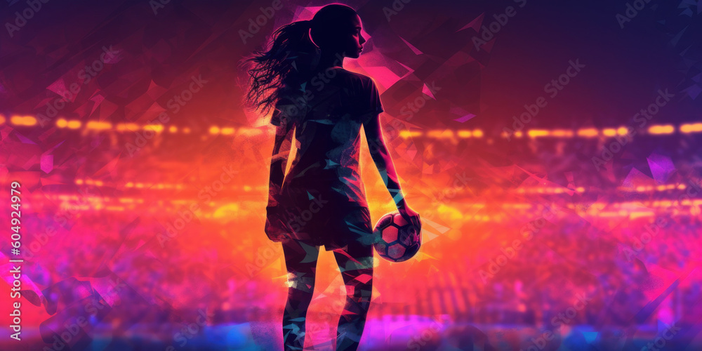 Creative vibrant female football player silhouette on a football ...