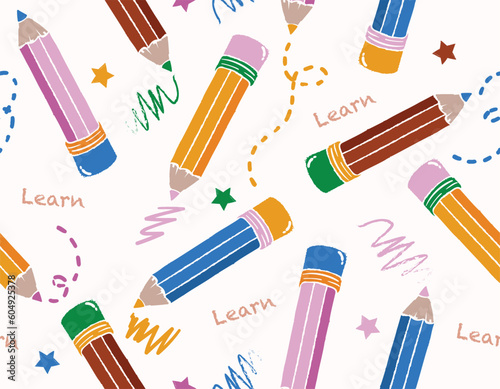 Colorful Cute Hand drawn pencils seamless pattern , Vector kids pattern , Back to school , Design for fashion , fabric, textile, wallpaper, cover