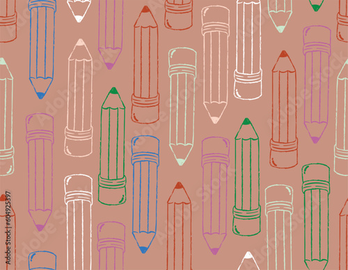 Colorful Cute Hand drawn pencils seamless pattern , Vector kids pattern , Back to school , Design for fashion , fabric, textile, wallpaper, cover