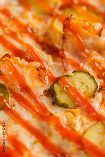 Food textures top view, close-up. Pizza close-up