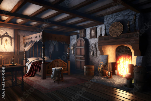 Fantasy interior of a medieval bedroom with traditional decorations and a cozy fireplace . 3d rendering