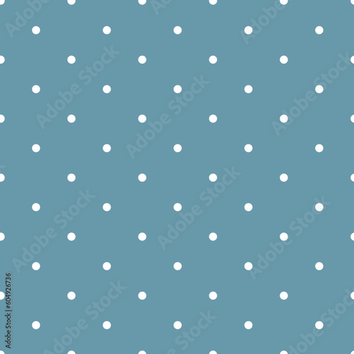 Dot seamless pattern. Repeating white small dots on blue background. Geometry repeated polka for design prints. Subtle vintage backdrop. Repeat retro lattice. Cyan simple paper. Vector illustration