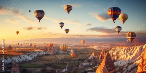 landscape hot air balloons over the valley. Generative AI 