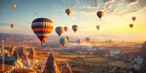 landscape hot air balloons over the valley. Generative AI 