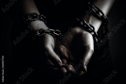 Close-up of hands tied with chains, human trafficking concept. Generative AI	
