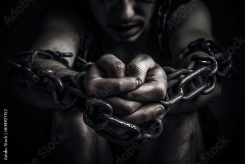 Close-up of hands tied with chains, human trafficking concept. Generative AI   © xartproduction