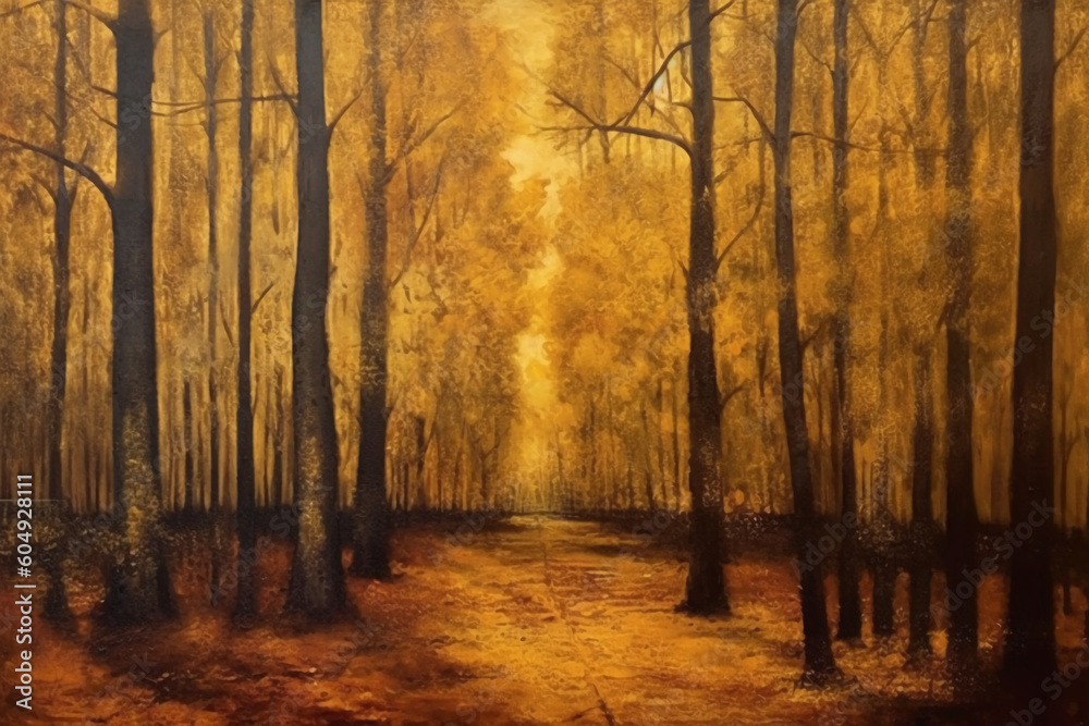 Painting by gold powder, a forest