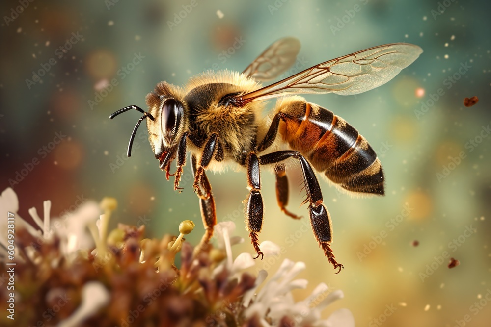 Macro shot of a bee collecting nectar from flowers in the meadow, a close-up of the delicate balance in nature, highlighted by Generative AI Macro shot of a bee collecting nectar from flowers in the meadow, a close-up of the delicate balance in nature, highlighted by Generative AI