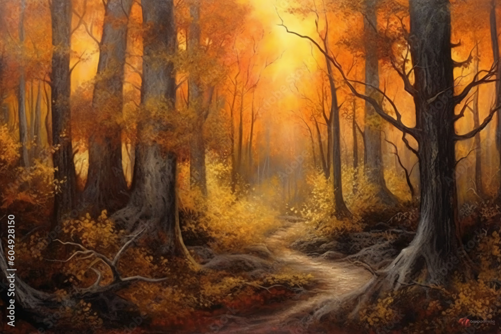 Painting by gold powder, a forest