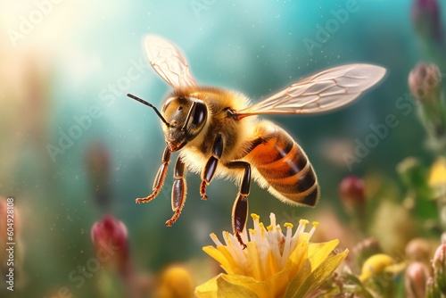 Macro shot of a bee collecting nectar from flowers in the meadow, a close-up of the delicate balance in nature, highlighted by Generative AI © CreativeCanvas