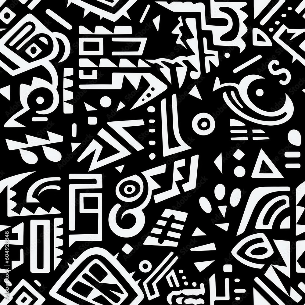 Boho funky doodles black and white seamless repeat pattern [Generative AI]
