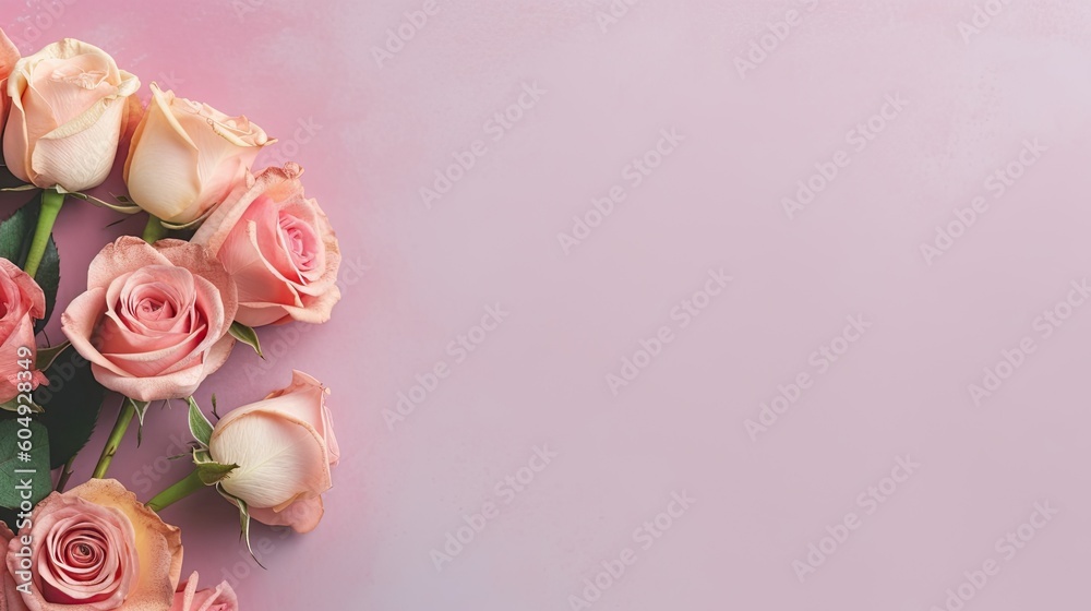 Rose flower bouquet arrangement on plain pastel color background generated AI