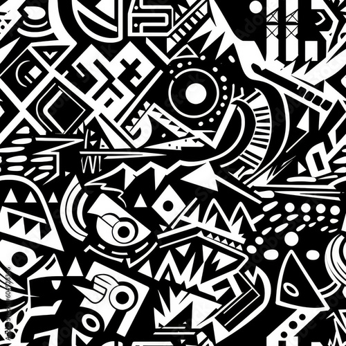 Boho funky doodles black and white seamless repeat pattern [Generative AI] 