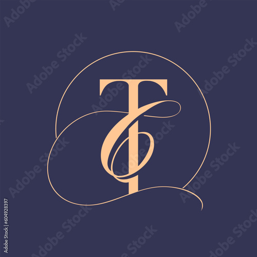 TC monogram logo signature icon. Intertwined alphabet initials serif letter t, handwriting letter c. Lettering sign. Modern design, fashion, beauty, wedding style characters elegant calligraphy.
