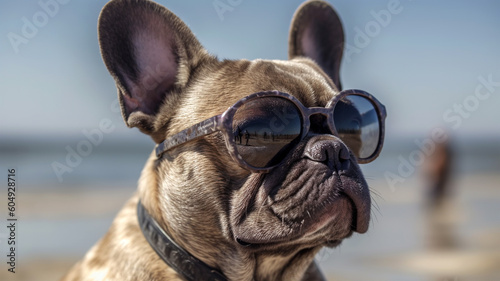 Portrait of a French bulldog with sunglasses on the sea and the beach background, Generated AI