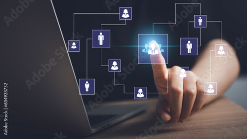 Business hierarchy  company structure concept. Business process plan and workflow automation flowchart. Virtual screen Mindmap or Organigram. Relations of order or subordination between member.