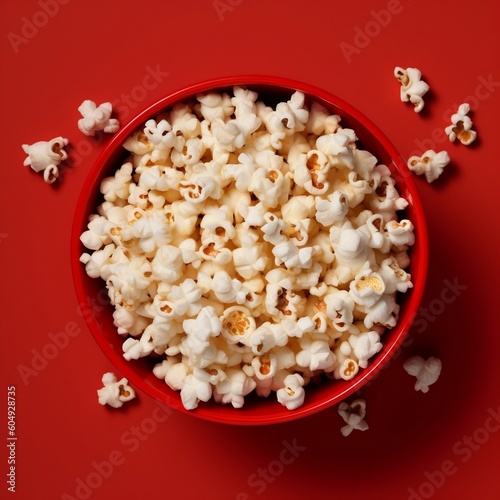 Top View of Popcorn Bowl on Red Background. Generative AI