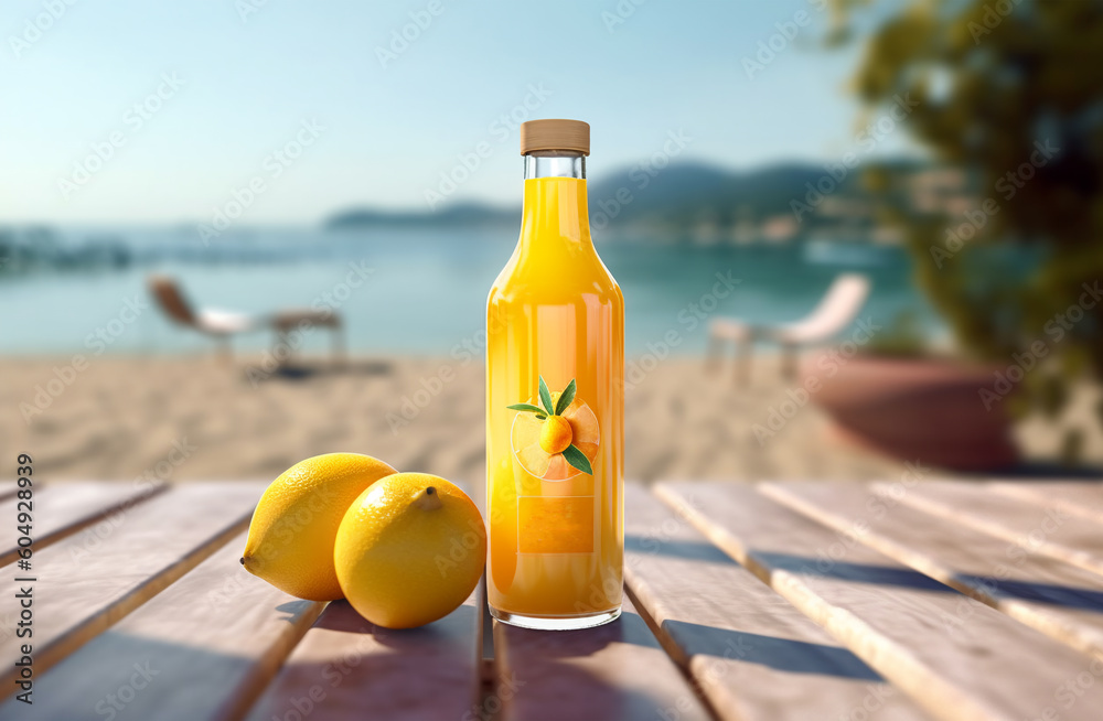 A glass of lemon juice on nature background, vacation, relaxation concept, copy space, Generated AI A glass of lemon juice on nature background, vacation, relaxation concept, copy space, Generated AI