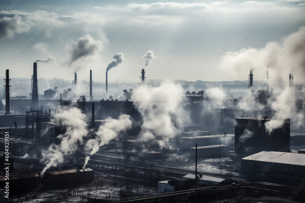 Chimneys from industrial plants make emissions and pollute the air. Generative AI	