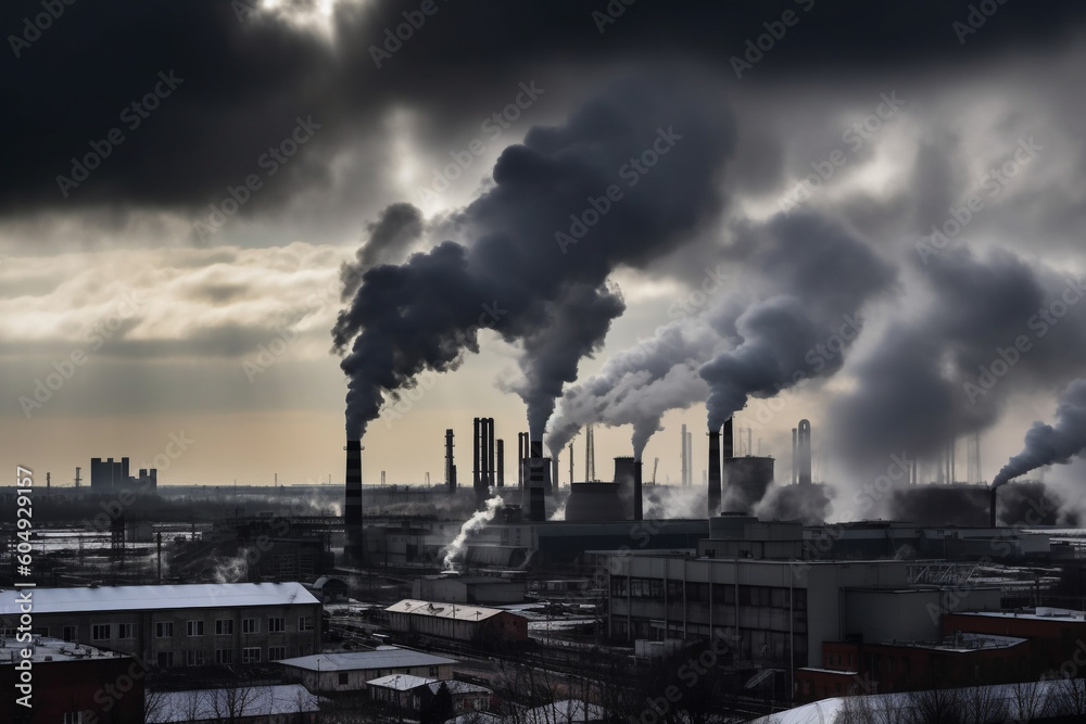 Chimneys from industrial plants make emissions and pollute the air. Generative AI	