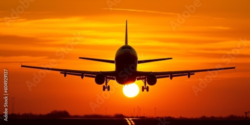 Passenger plane landing at sunset. Generative AI 