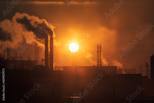 silhouettes of Chimneys from industrial plants make emissions and pollute the air at sunset. Generative AI 