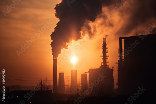 silhouettes of Chimneys from industrial plants make emissions and pollute the air at sunset. Generative AI	