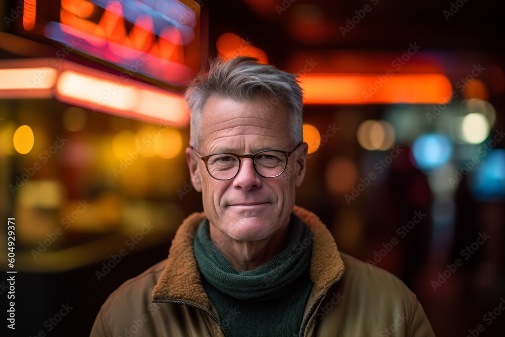 Lifestyle portrait photography of a glad mature man wearing a cozy sweater against a neon sign background. With generative AI technology Lifestyle portrait photography of a glad mature man wearing a cozy sweater against a neon sign background. With generative AI technology