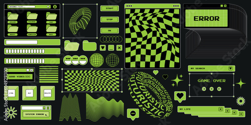 Elements of old computer aesthetics, retro pc, user interface, operating system, windows, icons, shapes, heart, smile, in 2k rave style. Nostalgic vector in 1990s style.