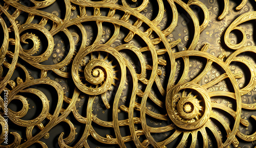 Abstract gold background, fantastic golden metal spiral pattern wallpaper. Generative Ai.