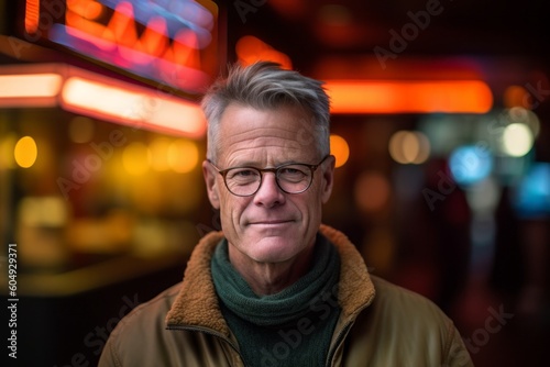 Lifestyle portrait photography of a glad mature man wearing a cozy sweater against a neon sign background. With generative AI technology