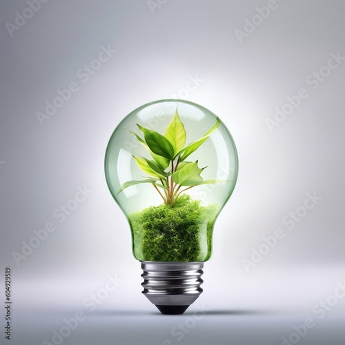 Green Energy Concept Bulb with Green Plant. Generative AI